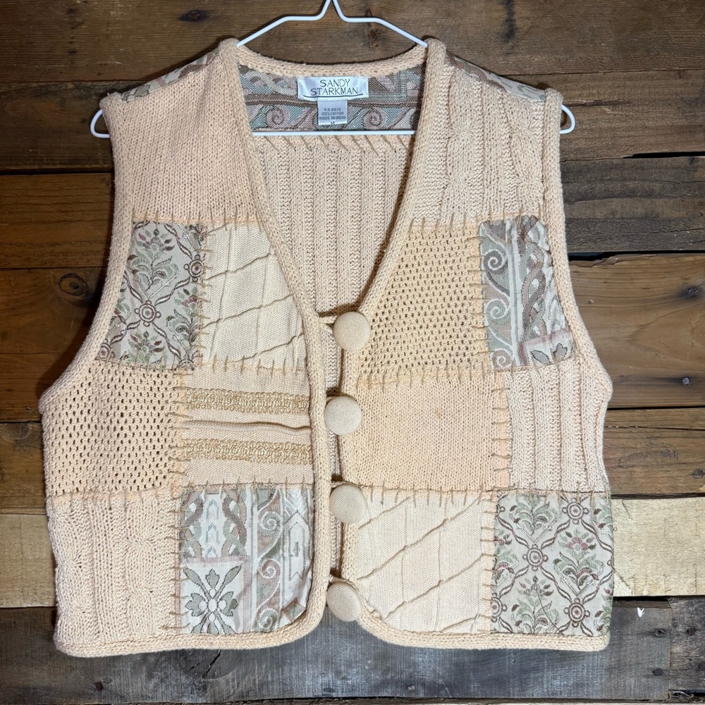 Sandy Starkman Vest Medium Women Vintage Cableknit Toggle Button Patchwork Boho